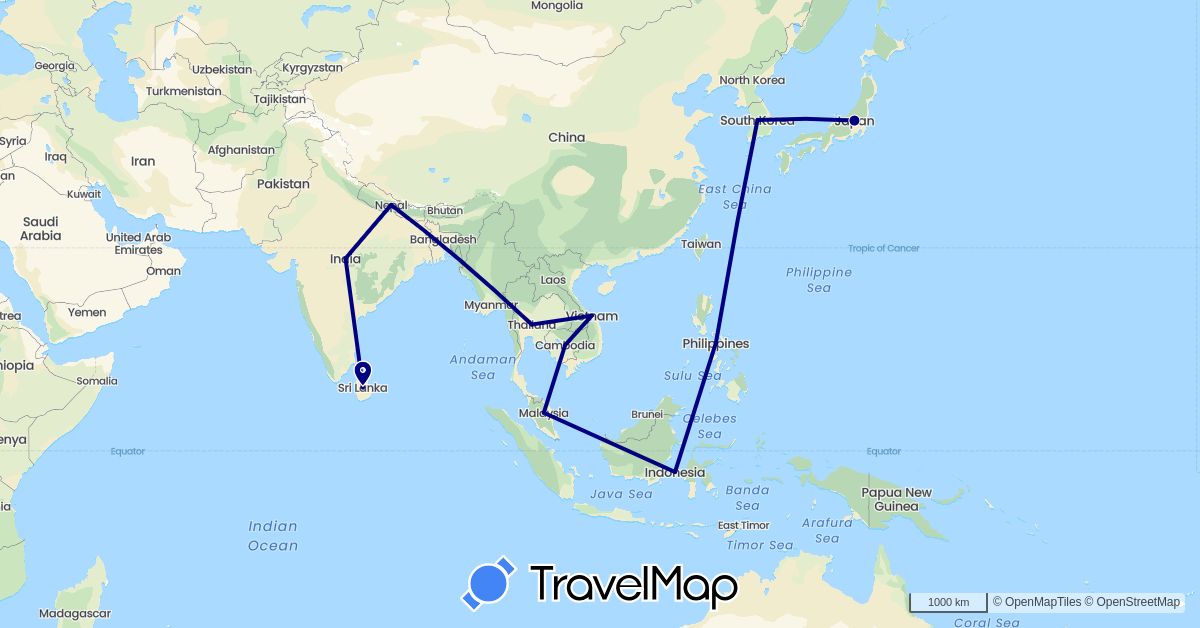 TravelMap itinerary: driving in Indonesia, Japan, South Korea, Sri Lanka, Malaysia, Nepal, Philippines (Asia)